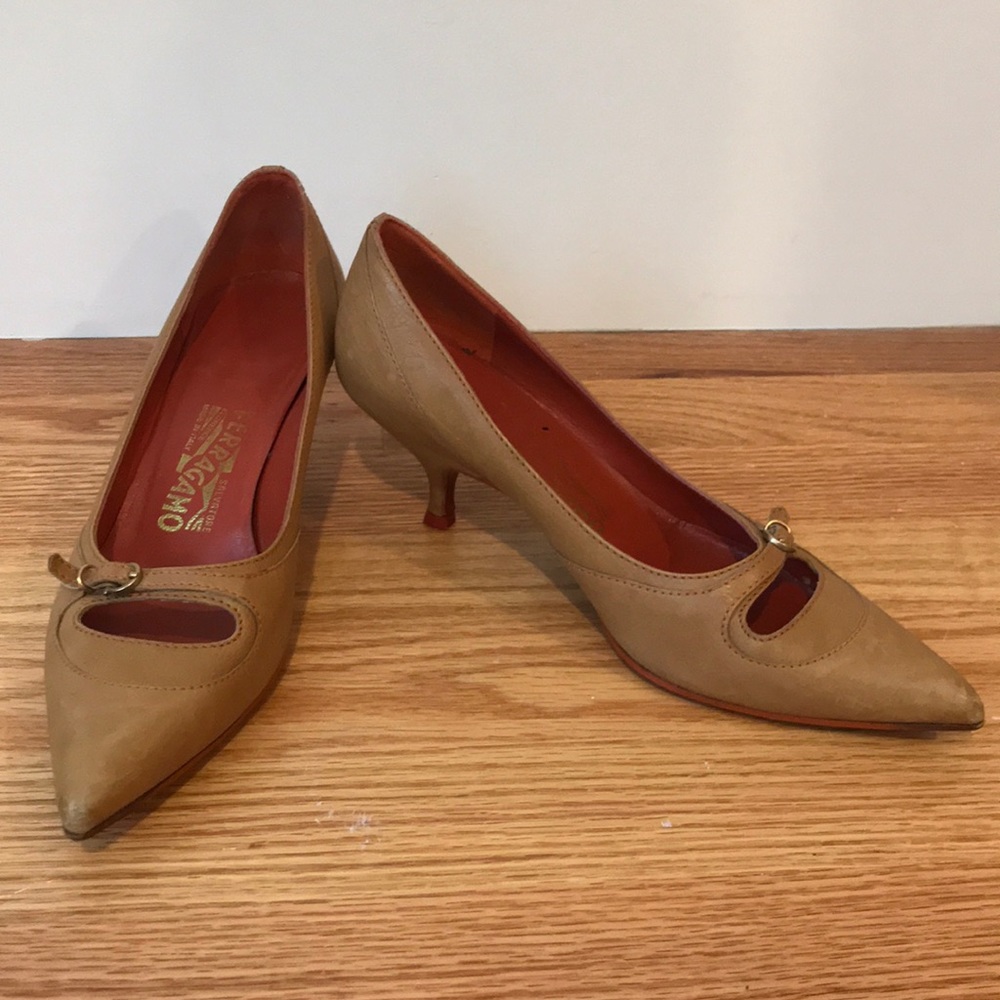Ferragamo kitten heels, 7 1/2, tan
